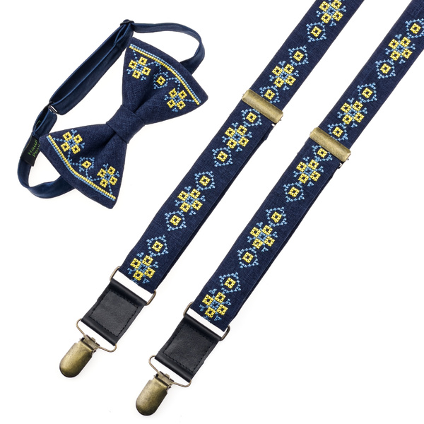 Сині вишиті підтяжки з метеликом №955